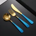 Service de couverts en acier inoxydable 304 doré avec manches bleu saphir, 3 pièces - Set Couverts Bleu Or