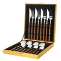 Set posate giapponesi da 16 pezzi in acciaio inox con manico in legno e scatola regalo - Manico Quadrato / Set Coltello Forchetta Cucchiaio Manico Quadrato Argento (Scatola Oro) / Argento