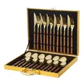 24-piece gold stainless steel cutlery set with wood grain handles in a gold gift box - Square Handle / Gold Box / Gold