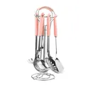 7-piece stainless steel kitchen utensil set with pink handles and silver storage rack - Silver Finish Pink Glazed Handle