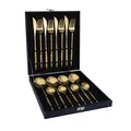 Set posate 16 pezzi in acciaio dorato con elegante scatola regalo in pelle nera - Set da 16 Pezzi (Scatola Coccodrillo Nera) / Oro