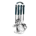 7-piece stainless steel cooking tool set with dark green handles on a swivel storage rack - Silver Finish Green Glazed Handle