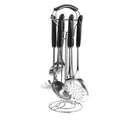 7-piece stainless steel kitchen utensil set with black handles and rotating storage rack - Silver Finish Black Glazed Handle