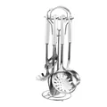 Modern stainless steel kitchen utensil set with white ceramic handles and metal rack - Silver Finish White Glazed Handle
