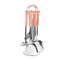 Nordic stainless steel kitchen utensil set with pink ceramic handles and metal stand - Silver Finish Pink Patterned Handle