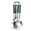 7-piece dark green stainless steel kitchen utensil set with gold accents and stand - Silver Finish Green Patterned Handle