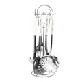 Stainless steel cookware set with white ceramic handles and hanging metal rack - Silver Finish White Patterned Handle