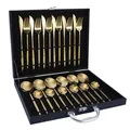 Ménagère 24 pièces en acier inoxydable doré avec cuillères et fourchettes en coffret cadeau - Style Doré - Boîte Noire
