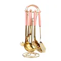 Pink and gold stainless steel kitchen utensil set with elegant metal storage rack - Gold Finish Pink Glazed Handle