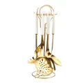 Luxury gold stainless steel utensil set with white ceramic handles and golden rack - Gold Finish White Glazed Handle