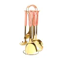 Pink and gold stainless steel kitchen utensil set with ceramic handles and rack - Gold Finish Pink Patterned Handle