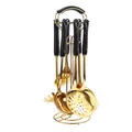 Nordic gold stainless steel cooking tool set with black marble ceramic handles and rack - Gold Finish Black Patterned Handle