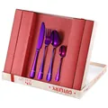 Modern 4-piece purple stainless steel cutlery set with knife and fork in a gift box - Red Box / Purple
