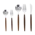 Modernes 5-teiliges Edelstahl-Besteckset mit Griffen in dunkler Holzoptik-Textur - Silber Spitz Holzgriff Messer Gabel Löffel Kombi