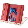 Blue plated stainless steel 4-piece cutlery set in a red gift box with silver ring detail - Red Box / Blue