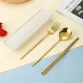 Golden stainless steel portable cutlery set with fork spoon and chopsticks in beige case - Fork Spoon Chopsticks Gold (Wheat Case)