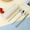Portable stainless steel cutlery set with spoon, fork, and beige storage case - Fork Spoon Chopsticks Silver (Wheat Case)