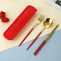 Portable stainless steel cutlery set with red box, golden fork, spoon and chopsticks - Fork Spoon Chopsticks Red Gold (Red Case)