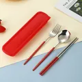 Portable stainless steel cutlery set with red handles and a matching red carrying case - Fork Spoon Chopsticks Red Silver (Red Case)