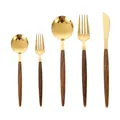 5-teiliges goldenes Besteckset aus Edelstahl mit eleganten braunen Holzmaserungsgriffen - Gold Spitz Holzgriff Messer Gabel Löffel Kombi