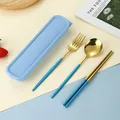Set posate portatili in acciaio inox blu e oro con custodia per studenti e ufficio - Forchetta Cucchiaio Bacchette Blu Oro (Custodia Blu)