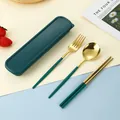 Set posate portatili in acciaio inossidabile con manici verde scuro e oro - Forchetta Cucchiaio Bacchette Verde Scuro Oro (Custodia Verde Scuro)