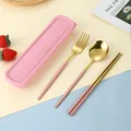 Set posate portatili rosa e oro in acciaio inox con custodia ecologica in paglia di grano - Forchetta Cucchiaio Bacchette Rosa Oro (Custodia Rosa)