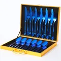 Set posate 24 pezzi in acciaio inox blu specchio con scatola regalo dorata di lusso - Blu (Confezione Regalo Oro)