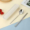 Set di posate portatili in acciaio inossidabile con custodia beige e bacchette antiscivolo - Cucchiaio Bacchette Argento (Custodia di Grano)