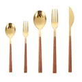 5-teiliges goldenes Edelstahl-Besteckset mit eleganten braunen Holzmaserungsgriffen - Gold Eckig Holzgriff Messer Gabel Löffel Kombi