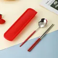 Set di posate portatili in acciaio inox con cucchiaio rosso, bacchette e contenitore - Cucchiaio Bacchette Rosso Argento (Custodia Rossa)