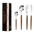 Modernes 4-teiliges Edelstahl-Besteckset mit Holzmaserung-Griff und schwarzer Geschenkbox - Silber (Messer Gabel Löffel Teelöffel) Mit Schwarzer Box