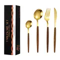 Besteckset aus goldenem Edelstahl mit Holzgriff und schwarzer Geschenkverpackung - Gold (Messer Gabel Löffel Teelöffel) Mit Schwarzer Box