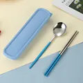 Set di posate portatili in acciaio inossidabile blu con cucchiaio e bacchette - Cucchiaio Bacchette Blu Argento (Custodia Blu)