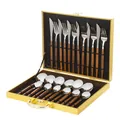 24-piece stainless steel cutlery set with wood grain handles in a golden luxury gift box - Sharp Handle / Gold Box / Silver