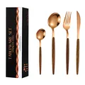 Roségoldenes Edelstahl-Besteckset mit Griffen in Holzoptik in schwarzer Box - Roségold (Messer Gabel Löffel Teelöffel) Mit Schwarzer Box
