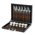 24-piece stainless steel cutlery set with wood-grain handles in a black carrying case - Sharp Handle / Black Box / Silver