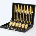 Servizio posate 24 pezzi in oro acciaio inox con elegante scatola regalo nera - Oro (Confezione Regalo Nera)