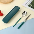 Set di posate portatili in acciaio inossidabile con manici verde scuro e custodia abbinata - Cucchiaio Bacchette Verde Scuro Argento (Custodia Verde Scuro)