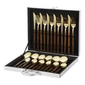 24-piece golden stainless steel cutlery set with dark wood handles in silver storage case - Sharp Handle / Silver Case / Gold