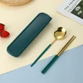 Set posate portatili in acciaio inox dorato con manici verde scuro e custodia - Cucchiaio Bacchette Verde Scuro Oro (Custodia Verde Scuro)