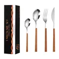 16-piece stainless steel cutlery set with wood grain handles in a black gift box - Silver