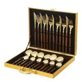 24-piece golden stainless steel cutlery set with wood grain handles in a gift box - Sharp Handle / Gold Box / Gold