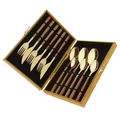 24-piece gold stainless steel cutlery set with wood grain handles in a gift box - Square Handle / Gold Square Handle Knife Fork Spoon Set / Gold