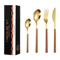 16-piece gold stainless steel cutlery set with wooden handles and black gift box - Gold