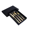 Modernes 4-teiliges goldenes Edelstahl-Besteckset mit quadratischen Griffen in Box - Gold Tafelmesser Gabel Hauptlöffel Teelöffel