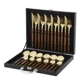 24-piece golden stainless steel cutlery set with wood-grain handles in black storage case - Sharp Handle / Black Box / Gold