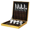 16-piece stainless steel cutlery set with wood grain handles in a gold gift box - Sharp Handle / Silver Sharp Handle Knife Fork Spoon Set (Gold Box) / Silver