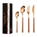 Rose gold stainless steel cutlery set with faux wood handles in a black gift box - Rose Gold