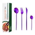 Modern 20-piece purple stainless steel cutlery set with elegant gift packaging box - Green Box / Purple